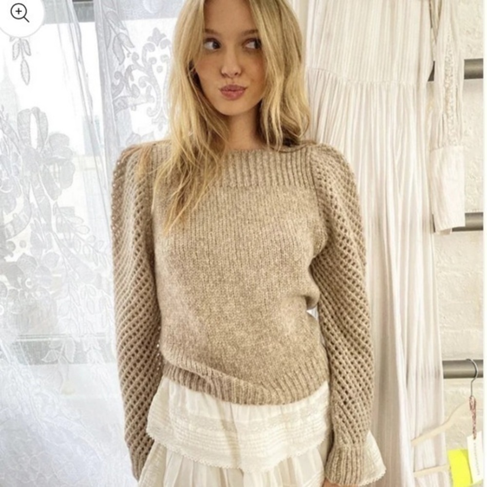 LoveShackFancy Taupe Knit Puff-Sleeve Sweater